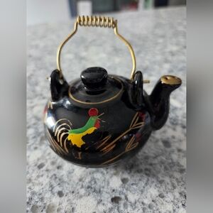 Vintage Japanese Black Ceramic Teapot Pepper Or Salt Shaker with Rooster Design
